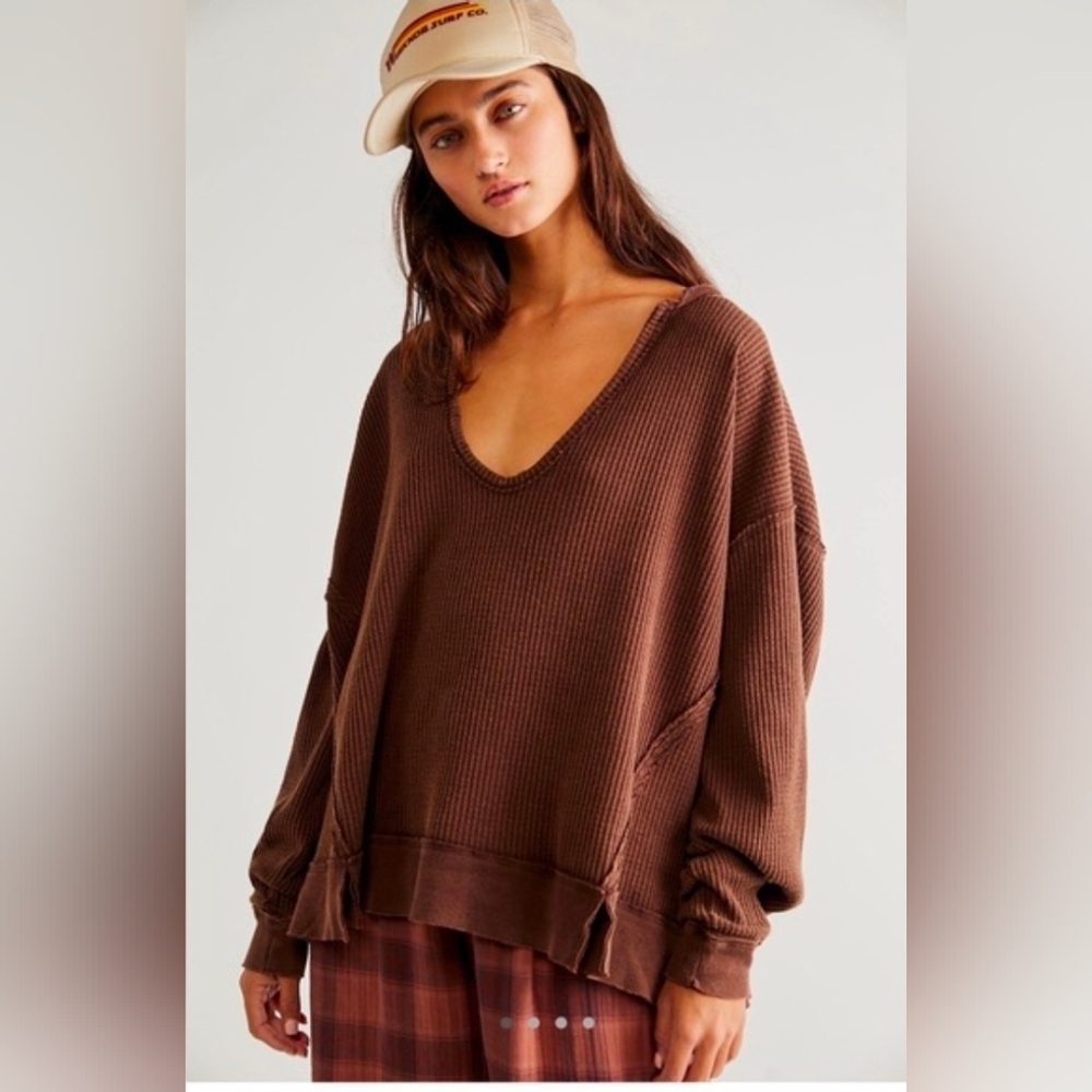 We The Free Buttercup Thermal Oversized Brown V-Neck Thermal Sweater